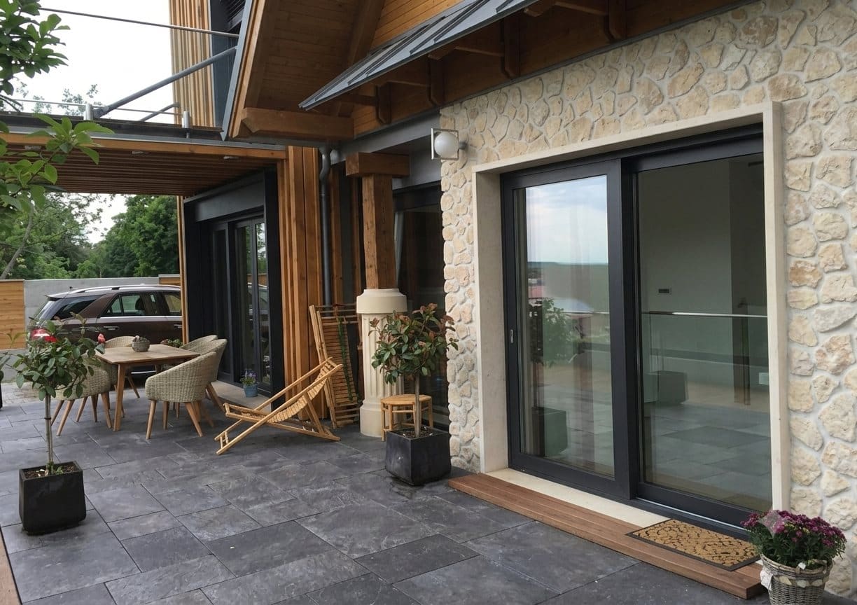 Cluj Hillside Residence — terrace with aluminum sliding glass doors
